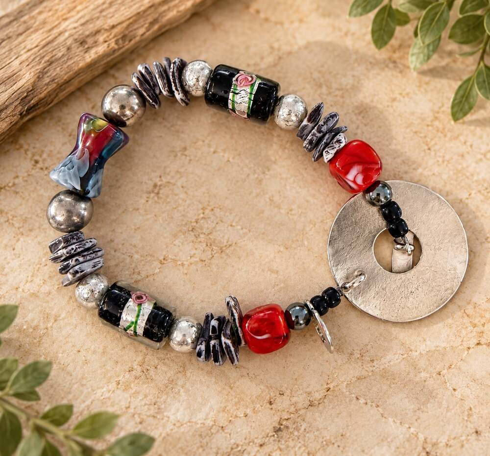 Artisan Lampwork Glass Beaded Toggle Bracelet Red Black